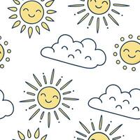 Playful spring sunshine seamless pattern with bright rays and whimsical clouds for fun energetic designs concept as Fun spring sunshine pattern with bright rays and whimsical cloud Clean Pro vector