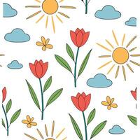 Playful spring sunshine seamless pattern with bright rays and whimsical clouds for fun energetic designs concept as Fun spring sunshine pattern with bright rays and whimsical cloud Clean Pro 3 vector