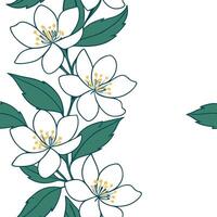 Pretty jasmine seamless tile pattern with delicate white petals and fragrant blossoms concept as Delicate jasmine blossoms with white petals create a soft fragrant seamless tile pa Clean Pro vector