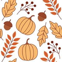 Pumpkin and acorn seamless tile pattern with autumn elements and warm tones for seasonal decor concept as Pumpkins and acorns combined with other autumn elements in warm tones arra Clean Pro vector