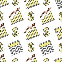 Repeating dollar signs graphs and calculators in a seamless cartoon tile on a clean white background representing financial growth and planning concept as Cartoon style dollar sig Clean Pro vector