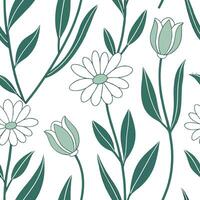 Scandinavian botanical illustration seamless tile pattern with simple daisies and tulips in soft green tones for minimalist homes concept as Simple daisies and tulips in soft green Clean Pro vector