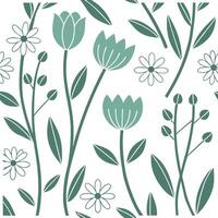 Scandinavian garden flowers seamless tile pattern with simple daisies and tulips in soft green tones for minimalist homes concept as Simple daisies and tulips in soft green tones c Clean Pro vector