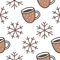Snowflake and hot beverage seamless tile pattern with cozy winter elements and warm colors concept as Cozy winter elements like mugs of hot beverages paired with snowflakes create Clean Pro vector
