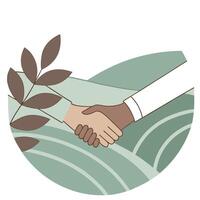 Soft abstract image of a handshake merging into a landscape with copy space on the side concept as Two hands engage in a handshake that seamlessly blends into a picturesque landsc Clean Pro vector