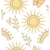 Soft yellow sunshine seamless tile pattern with glowing rays and pastel tones for a calming spring atmosphere concept as Soft yellow rays and pastel tones of sunshine create a seam Clean Pro vector