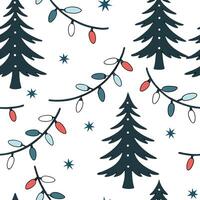 Sparkling Christmas lights and snow covered pine trees seamless tile pattern with festive glow concept as Festive glow with sparkling Christmas lights and snow covered pine trees c Clean Pro vector