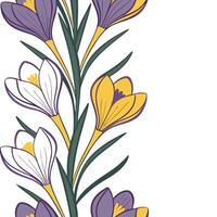 Spring crocus seamless tile pattern with bright purple yellow and white blooms for fresh spring vibes concept as Bright crocus blooms in purple yellow and white create a fresh live Clean Pro vector