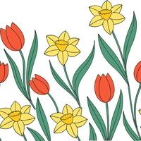 Spring flowers seamless tile pattern featuring vibrant tulips and daffodils for cheerful interiors concept as Bright tulips and daffodils arranged seamlessly in a lively tile patte Clean Pro vector