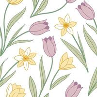 Spring pastel seamless pattern with tulips and daffodils for fresh lively spring spaces concept as Fresh tulips and daffodils arranged in seamless spring pastel patterns for a live Clean Pro vector