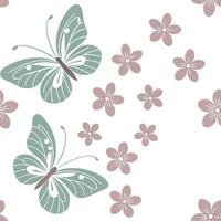 Spring pastel seamless pattern with delicate butterflies and flowers for whimsical garden decor concept as Soft butterflies and pastel flowers arranged seamlessly for a whimsical a Clean Pro vector