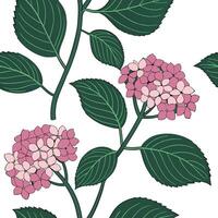 Tropical hydrangea seamless tile pattern with lush green stems and vibrant hydrangea clusters on white background ideal for sunny lounges concept as Lush green hydrangea stems and Clean Pro vector