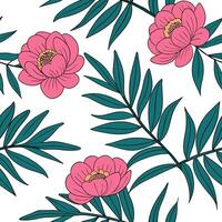Tropical peony seamless pattern with vibrant colors and exotic leaves on white concept as Vibrant tropical peonies with exotic green leaves forming a lively seamless pattern perfec Clean Pro vector