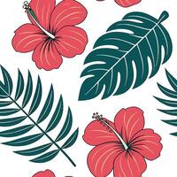Tropical summer seamless pattern with hibiscus flowers and exotic leaves for bright lively spaces concept as Hibiscus flowers and exotic leaves arranged in a seamless tile pattern Clean Pro vector