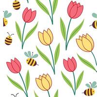 Vibrant Easter tulips and bees seamless tile pattern with lively spring elements concept as Lively spring elements like vibrant Easter tulips and bees create seamless tile pattern Clean Pro vector