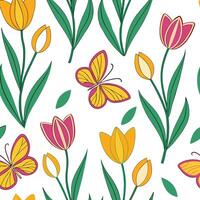 Vibrant Easter tulips and butterflies seamless tile pattern with lively spring elements concept as Lively spring elements like vibrant tulips and butterflies create seamless tile p Clean Pro vector