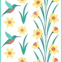 Vibrant Easter daffodils and hummingbirds seamless tile pattern with lively spring energy concept as Lively spring energy with vibrant Easter daffodils and hummingbirds create seam Clean Pro vector