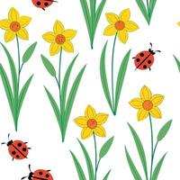Vibrant Easter daffodils and ladybugs seamless tile pattern with lively spring colors concept as Lively spring colors highlight vibrant Easter daffodils and ladybugs in seamless ti Clean Pro vector