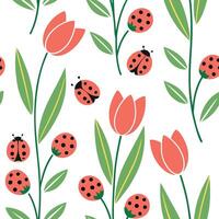 Vibrant Easter tulips and ladybugs seamless tile pattern with colorful spring accents concept as Colorful spring accents with vibrant Easter tulips and ladybugs create seamless til Clean Pro vector