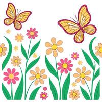 Vibrant spring nature seamless pattern with blooming flowers and fluttering butterflies for lively outdoor scenes concept as Lively spring pattern with blooming flowers and butterf Clean Pro vector