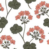 Vintage inspired geranium seamless pattern with muted colors and distressed textures on white concept as Muted color vintage geraniums with distressed textures creating a timeless Clean Pro vector
