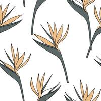 Vintage inspired Bird of Paradise seamless pattern with muted colors and distressed textures on white concept as Muted color vintage Bird of Paradise flowers with distressed textur Clean Pro vector