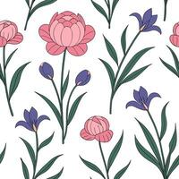 Vintage spring garden seamless pattern with peonies and irises for nostalgic garden spaces concept as Nostalgic peonies and irises seamlessly patterned for a vintage inspired sprin Clean Pro 2 vector