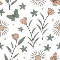 Vintage spring sunshine seamless pattern with muted colors and soft sunburst for retro style spring decor concept as Retro spring sunshine pattern with muted sunburst and soft ligh Clean Pro 2 vector