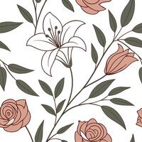 Vintage wildflowers seamless tile pattern with distressed rose and lily illustrations and muted color palette ideal for retro kitchens concept as Distressed rose and lily illustrat Clean Pro 2 vector
