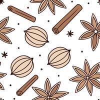 Warm autumn spices seamless tile pattern with cinnamon sticks nutmeg and cloves concept as Cinnamon sticks nutmeg and cloves in warm autumn tones create a cozy spices seamless tile Clean Pro vector
