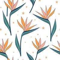 Whimsical Bird of Paradise seamless pattern with playful elements and soft colors on white concept as Playful whimsical Bird of Paradise flowers with soft pastel colors creating fu Clean Pro vector