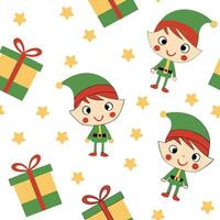 Whimsical Christmas elves and gifts seamless tile pattern with playful holiday elements concept as Playful Christmas elves and gifts create whimsical seamless tile pattern with fes Clean Pro vector