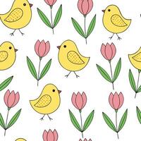 Whimsical Easter chicks and tulips seamless tile pattern with playful spring hues concept as Playful spring hues highlight whimsical Easter chicks and tulips in seamless tile patte Clean Pro vector