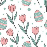 Whimsical Easter eggs and tulips seamless tile pattern with playful pastel colors concept as Playful pastel colors highlight whimsical Easter eggs and tulips in seamless tile patte Clean Pro vector