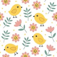 Whimsical Easter chicks and floral blooms seamless tile pattern with playful spring colors concept as Playful spring colors feature whimsical Easter chicks amidst floral blooms in Clean Pro vector