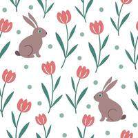 Whimsical Easter rabbits and tulips seamless tile pattern with playful spring elements concept as Playful spring elements like whimsical Easter rabbits and tulips create seamless t Clean Pro vector