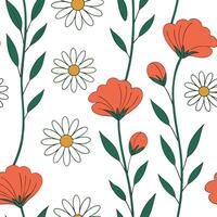 Whimsical wildflowers seamless tile pattern with colorful daisies and poppies on a pure white background ideal for playful interiors concept as Colorful daisies and poppies on pure Clean Pro vector