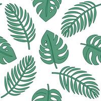 Whimsical tropical leaves seamless tile pattern with playful monstera and palm leaf characters and vibrant greens for children rooms concept as Playful monstera and palm leaf chara Clean Pro vector
