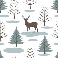 Winter seamless pattern with deer snow covered trees and frozen lakes for a woodland winter scene concept as Woodland winter pattern with deer snow covered trees and frozen lakes f Clean Pro vector