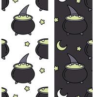 Witches and cauldrons seamless tile pattern with magical elements and dark colors for enchanting Halloween decor concept as Magical witches and bubbling cauldrons arranged seamless Clean Pro vector