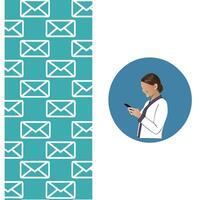 Woman using smartphone with email icon highlights digital communication and workplace efficiency through email tools concept as Highlights workplace communication emphasizing inst Clean Pro vector