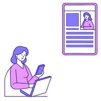 Woman reads online news on smartphone and laptop emphasizing accessibility information sharing and staying updated through digital platforms concept as Highlights the convenience Clean Pro vector