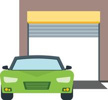 A green car is parked in front of a garage vector