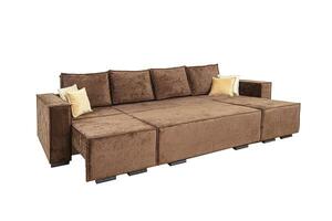 Brown unfolded sofa with velor fabric pillows isolated on a white background photo