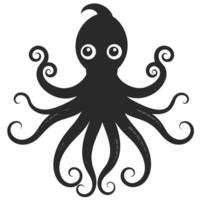 Black Octopus Illustration With Curly Tentacles On White Background Cartoon Style vector