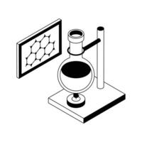 Chemistry lab retort stand with chemical flask, isometric outline icon. vector