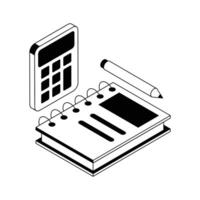Math study book and calculator with pencil, isometric icon. vector