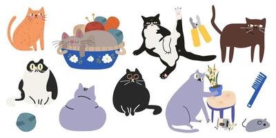 Cute cartoon cats character collection in various poses and different breeds. Funny domestic cat with happy charming playful expression. Pets stickers vector