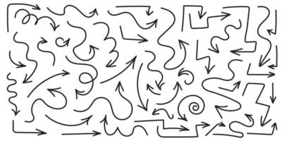 Black line arrows set in hand drawn style. Curved and swirl tangled arrows. Organic direction pointer icons. Collection of many different doodle line arrows for business, decoration. Brush arrows vector