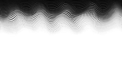 Black halftone dotted abstract background. Technology halfton mesh wave backdrop. Dots grid digital design for business, presentation, big data, brochure. Top border vector